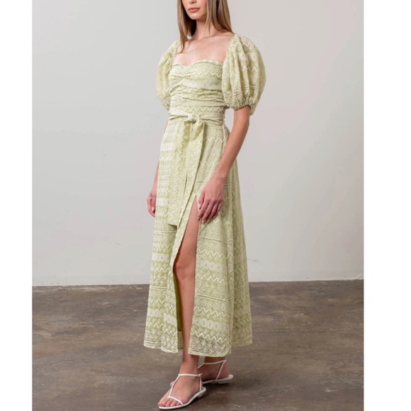 MOON RIVER Geo Pattern sweetheart Puff Sleeve Midi Dress Sage Green - M - Picture 6 of 15